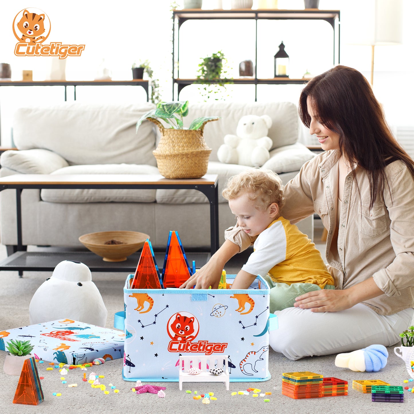 CuteTiger Storage Bin,Toy Organizer Bag, Playroom Organizer Box, Magnetic Tiles and Doll Storage Container,Toy Holder with Lid, Foldable