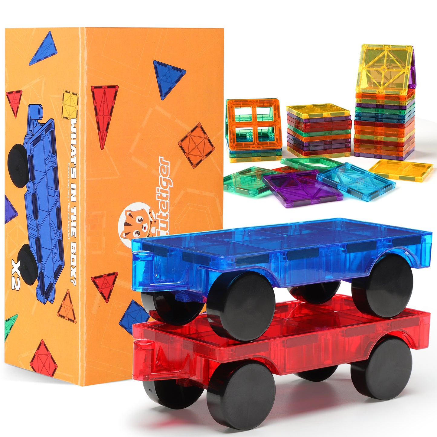 CuteTiger Magnetic Tiles Cars, Magnet Building Tiles, 2 Cars Expension Set for Magnetic Building Blocks