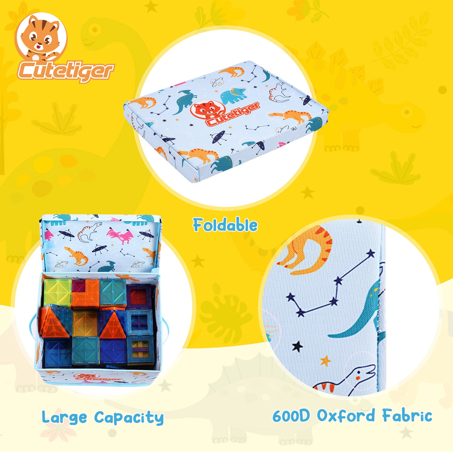 CuteTiger Storage Bin,Toy Organizer Bag, Playroom Organizer Box, Magnetic Tiles and Doll Storage Container,Toy Holder with Lid, Foldable