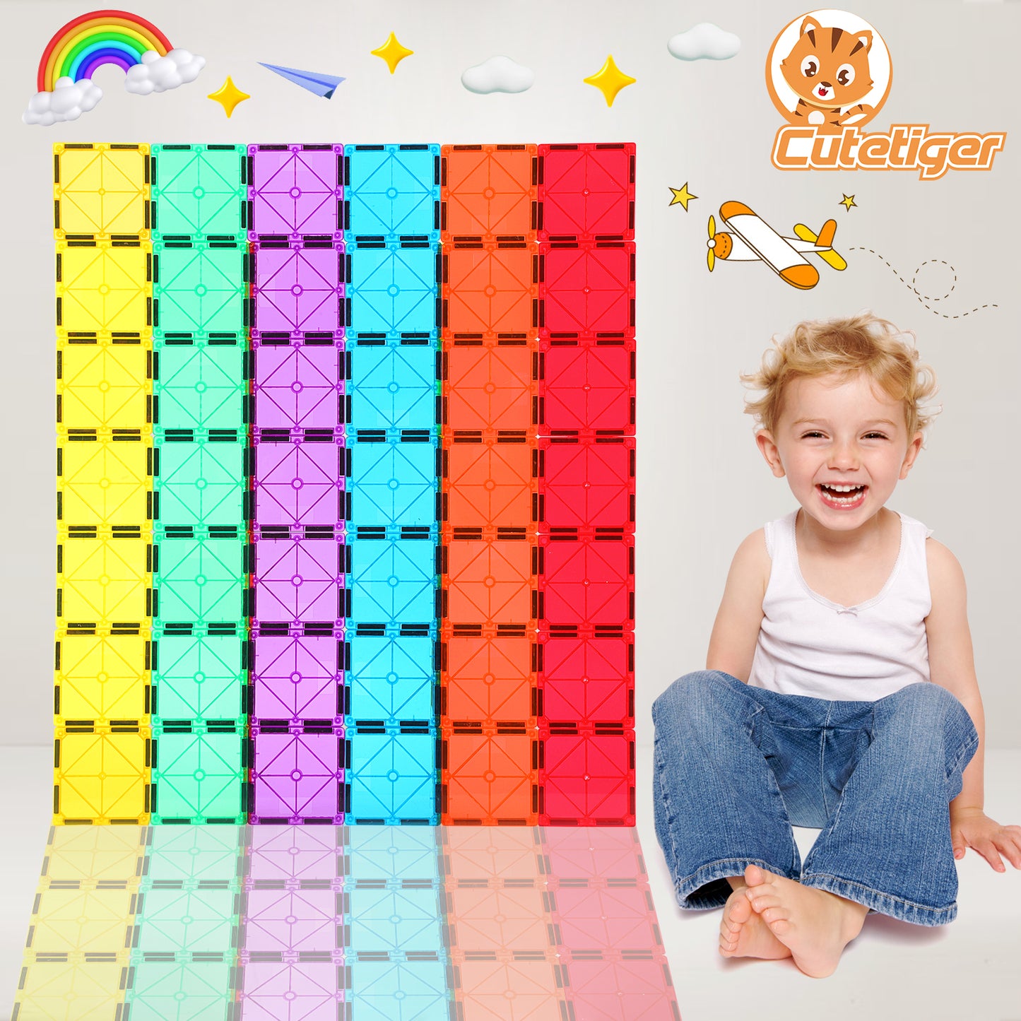 CuteTiger Magnetic Tiles, 64PCS Magnet Building Toys, Magnetic Building Set, Stacking Blocks, Perfect STEM Toys Gift for Kids Boys and Girls