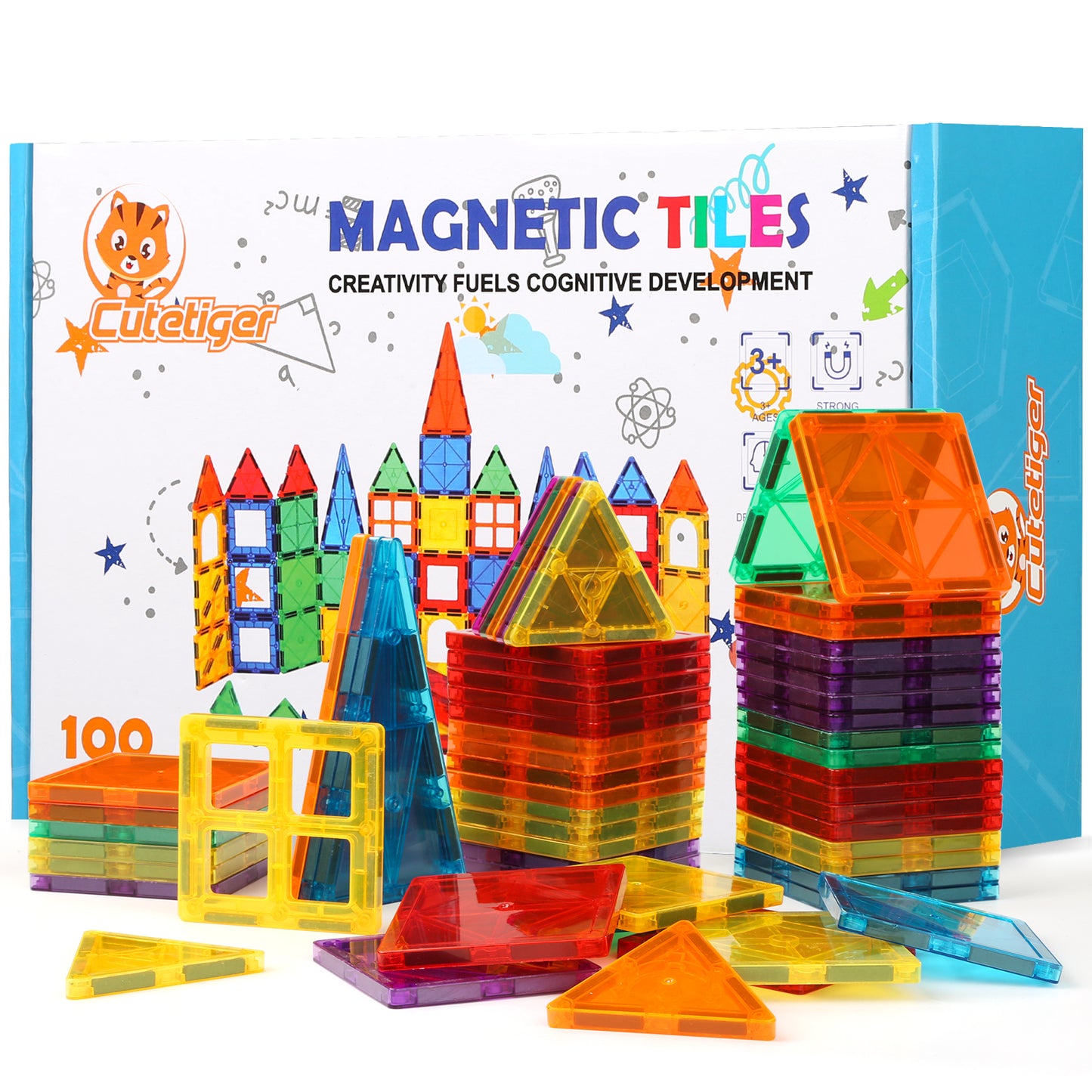 CuteTiger Magnetic Tiles, Magnet Tiles, 100 Pcs Magnetic Building Blocks No Cars, Square Building Castle, Preschool Toys, STEM Stacking Construction Montessori Toys for Kids