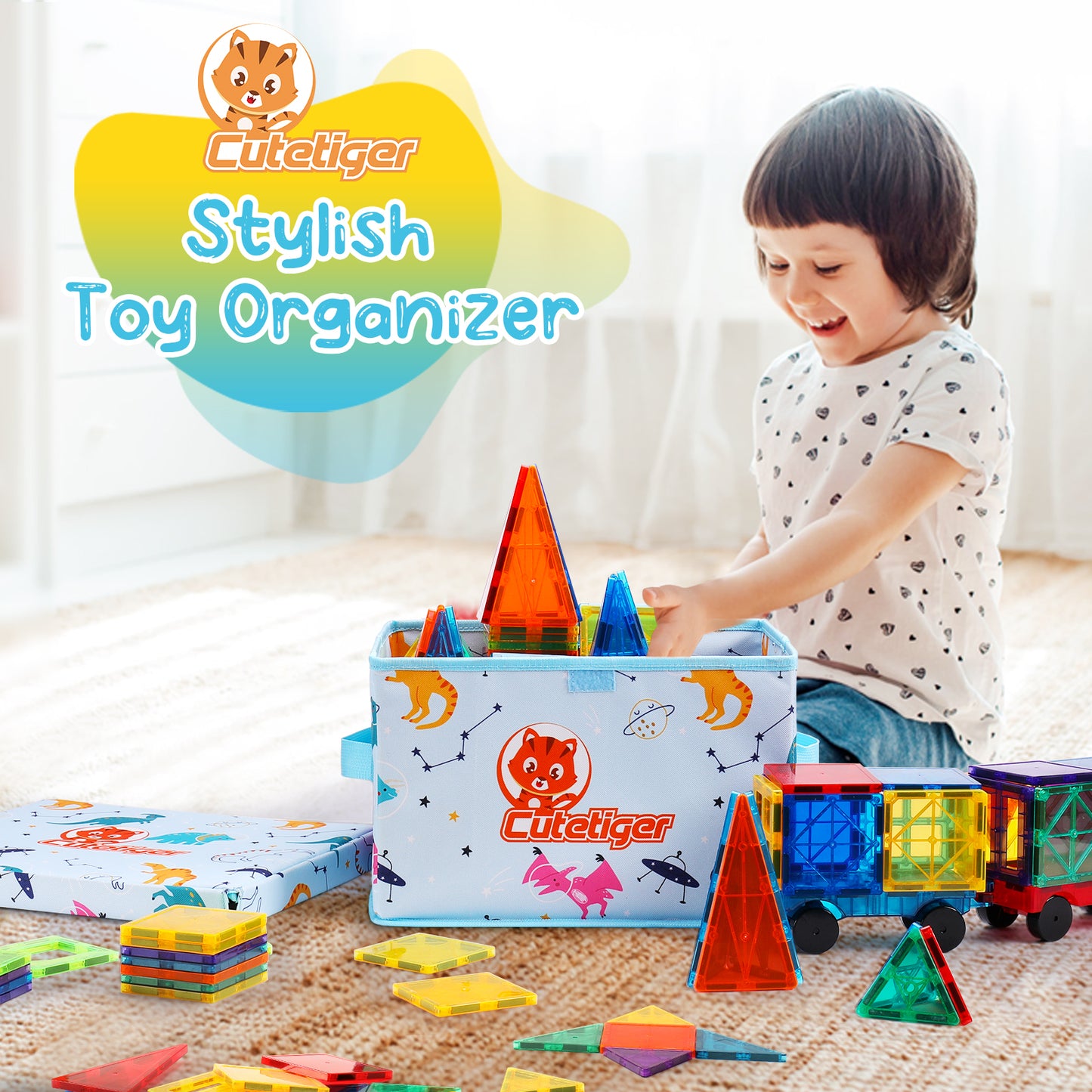 CuteTiger Storage Bin,Toy Organizer Bag, Playroom Organizer Box, Magnetic Tiles and Doll Storage Container,Toy Holder with Lid, Foldable