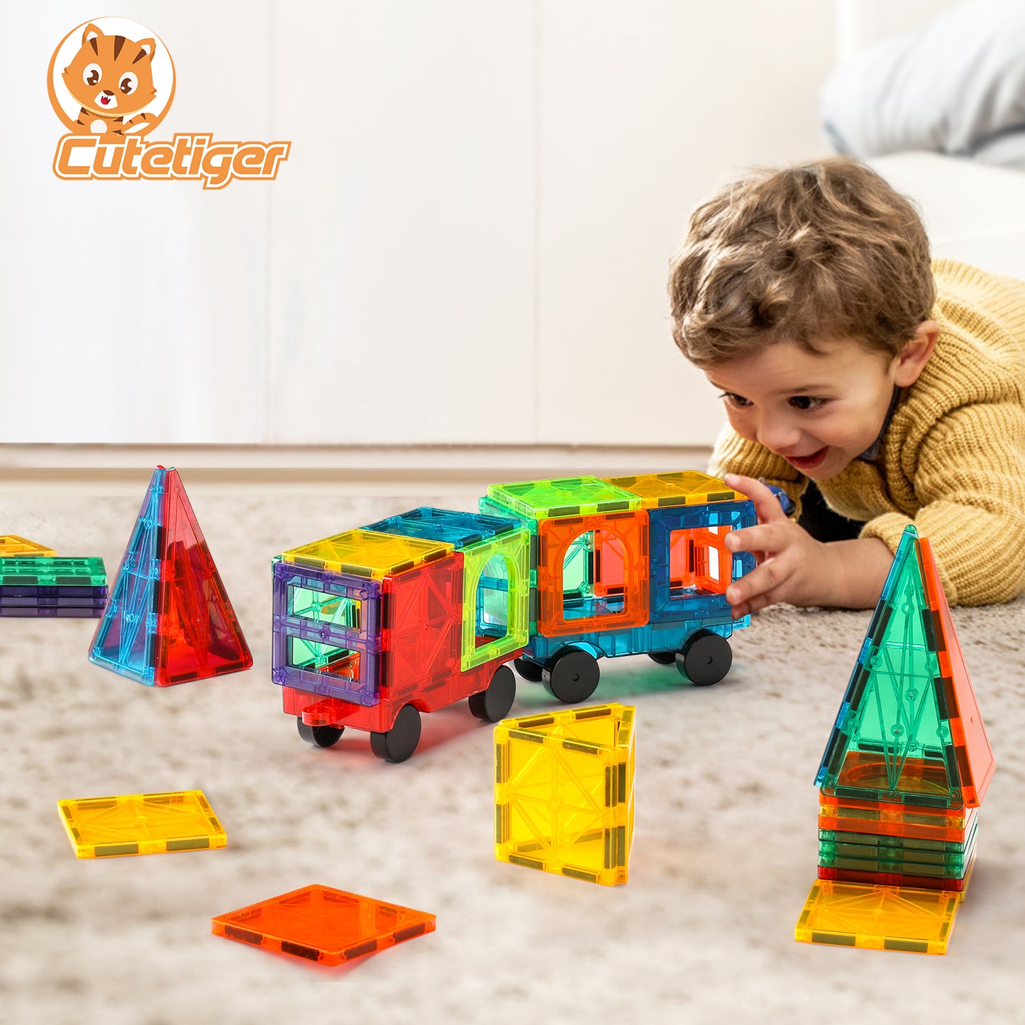 CuteTiger Magnetic Tiles Cars, Magnet Building Tiles, 2 Cars Expension Set for Magnetic Building Blocks