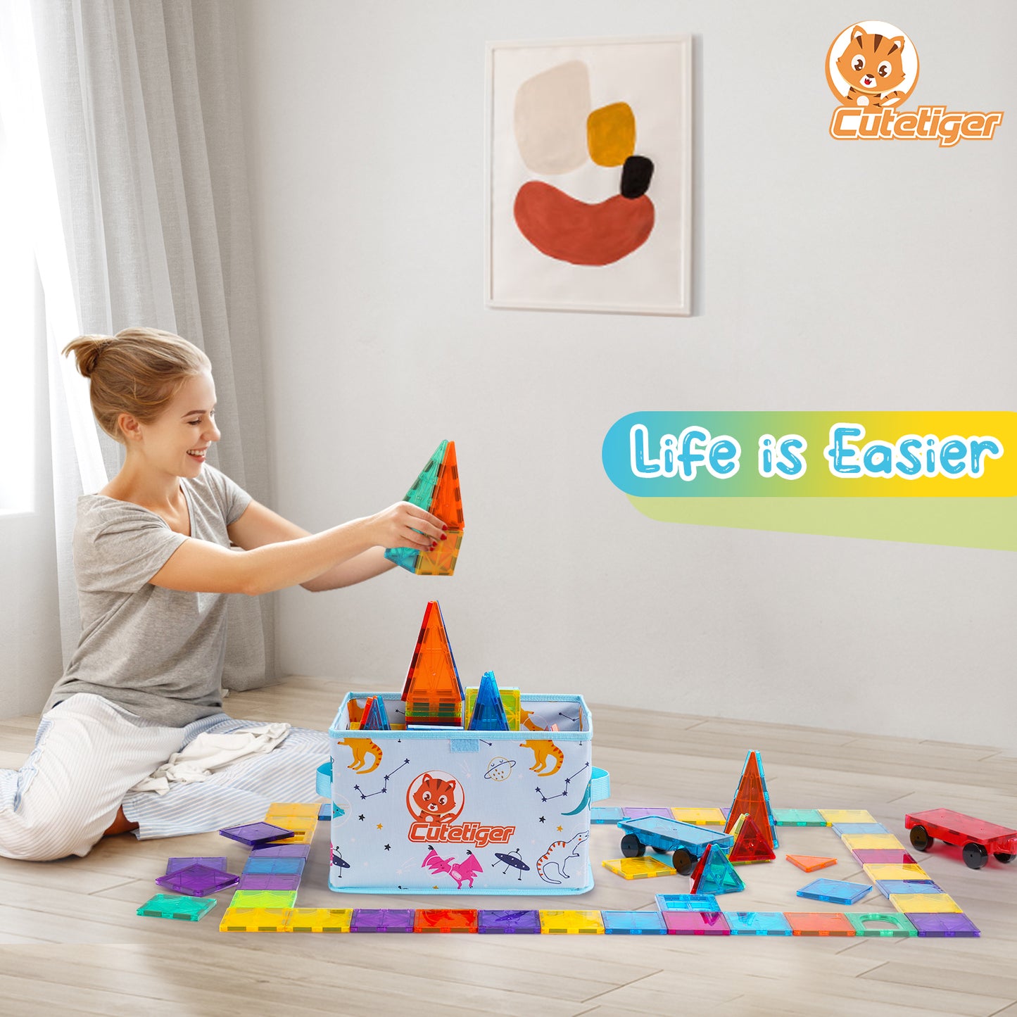 CuteTiger Storage Bin,Toy Organizer Bag, Playroom Organizer Box, Magnetic Tiles and Doll Storage Container,Toy Holder with Lid, Foldable